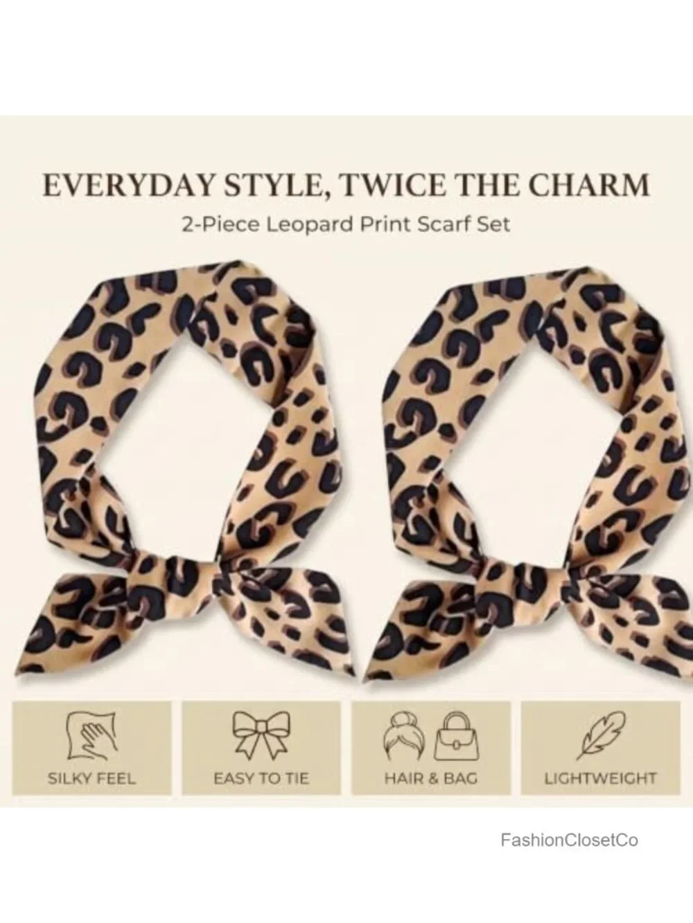 2-Pack Silky Fashion Scarves Leopard Print Neck Tie Hairband Purse Accessory